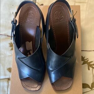 Tory Burch Black Leather Cross-Strap Sandals